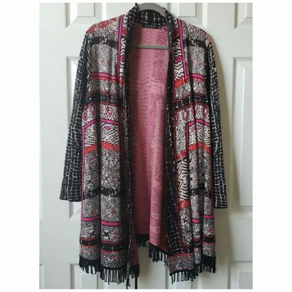 ZOZO Abstract Fringe Cardigan 1X Pink Black Lagenlook Artsy Boho Sweater EUC
